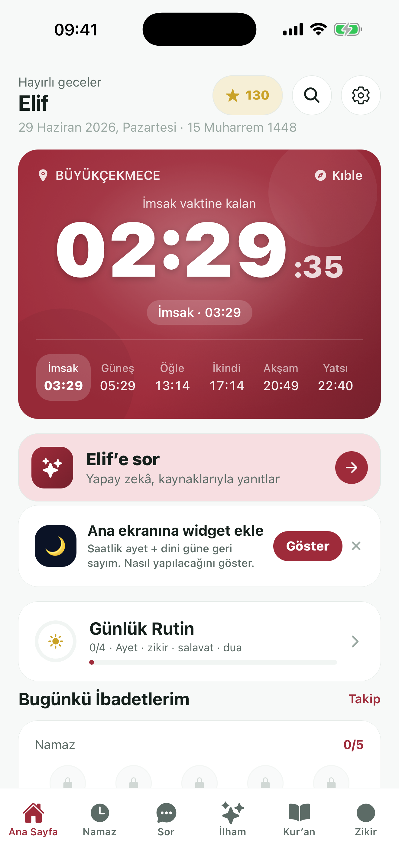 Elif uygulaması ana ekranı — namaz vakti geri sayımı ve günlük rutin