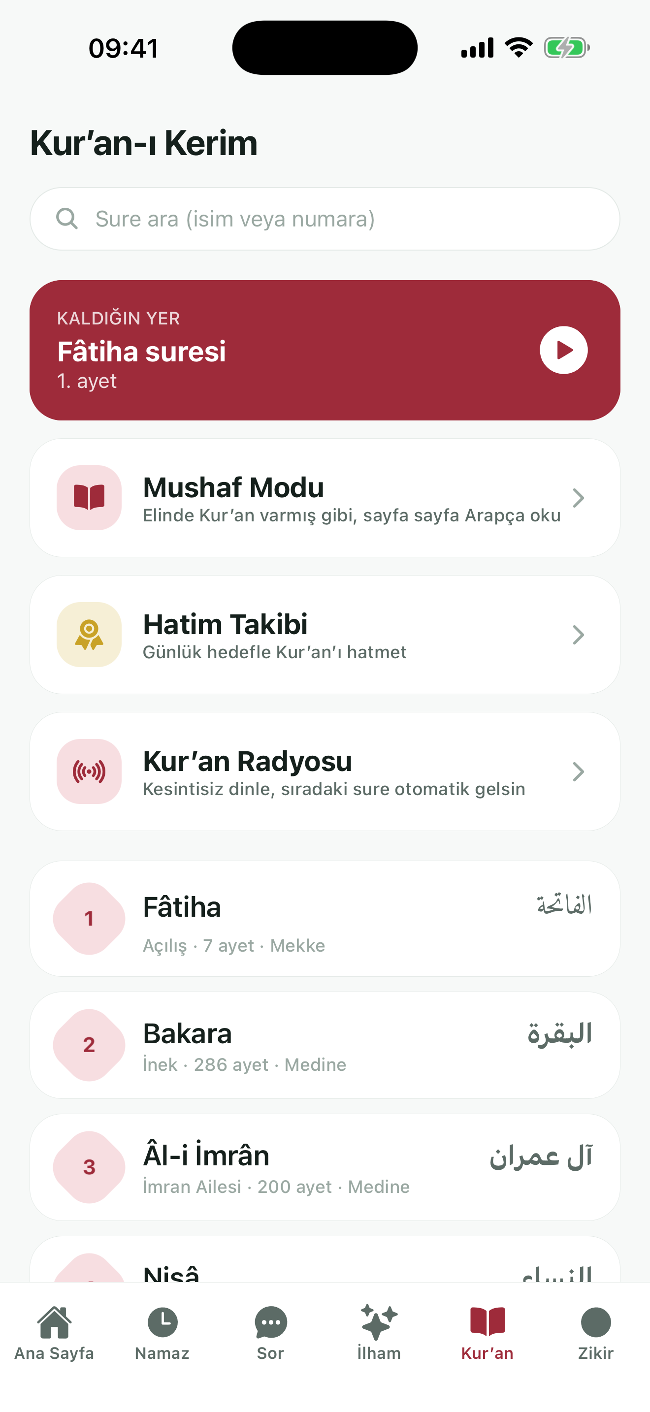 Elif Kur'an-ı Kerim ekranı — mushaf modu, hatim takibi ve Kur'an radyosu